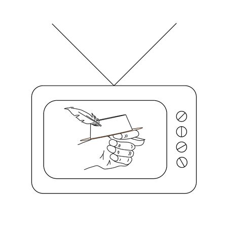 Old TV set with fico or fog gesture in hat on displayのイラスト素材