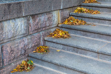 Gray marble or granite stone urban stairway with yellow fallen foliage in corner of every stair....
