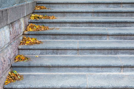 Gray marble or granite stone urban stairway with yellow fallen foliage in corner of every stair. Autumn parc landscape or view in cloudy weatherの写真素材