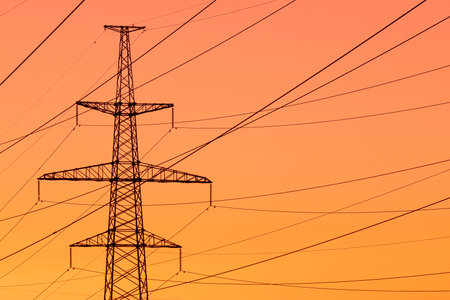 Background, view or scene of steel tower of electric main or electricity transmission line with the...