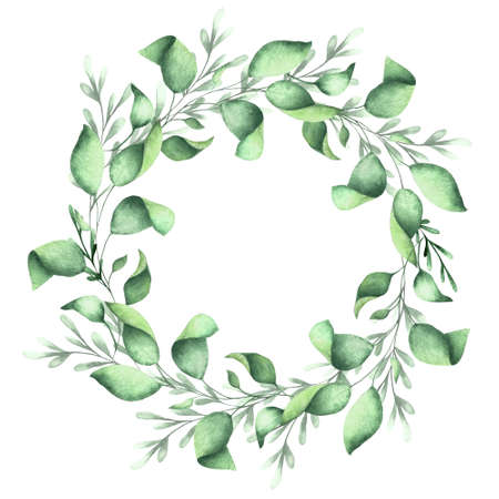 Wreath of watercolor green leaves and twigs.の写真素材
