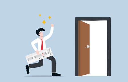 Covid-19 rapid antigen test kit verifying not detected, working at office without not infected Covid-19 concept. Joyful businessman carrying ATK kit with negative result and backing to office entry.のイラスト素材