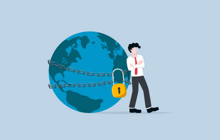 Market dominance or monopoly company, possession or control of supply or trade in goods or services concept. Businessman chained and padlocked the world metaphor for monopoly.のイラスト素材