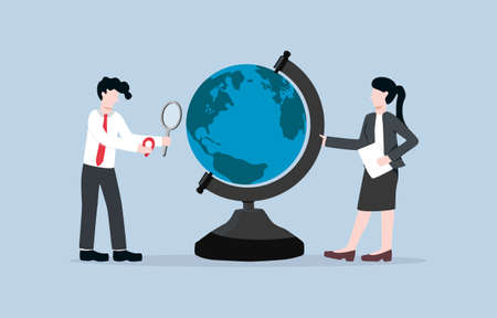 Exploring new location for investment, increasing customer base, or expanding business concept. Businesswoman and businessman trying to pin investment base location on mock globe.のイラスト素材