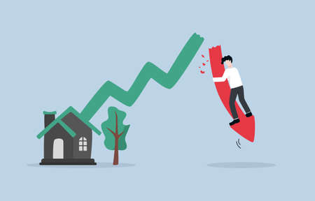 Failure speculation from estate investment, inflated real estate demand, economic bubble crisis cause investor to be in debt or bankrupt concept. Businessman holding falling red estate graph arrow.のイラスト素材
