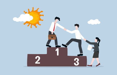 Colleague support to achieve higher target and development, mentorship, providing work experience, encouragement concept. Proficient businessman help his teammates climb to top of winner podium.のイラスト素材
