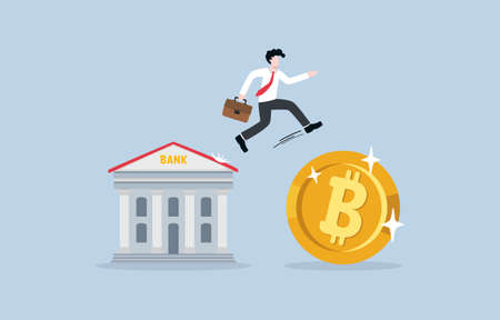 Decision to transfer money to financial decentralization, cryptocurrency simplify financial management and distribute authority without center concept. Businessman jump from bank to giant bitcoin.のイラスト素材