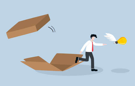 Thinking outside box to develop career path, business advancement, creative or innovative idea concept. Brave businessman coming out of box to chase light bulb idea.のイラスト素材