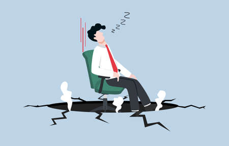 Work inefficiency, laziness employee in organization, procrastination, postpone tasks to do later, taking a nap during working hours concept, Businessman sleeping on office chair falling into hole.のイラスト素材
