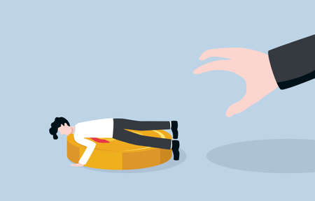 Notification to pay tax for individual income, avoiding payroll deduction, tax evasion concept. Businessman lying face down cover big dollar coin while big hand trying to take it.のイラスト素材