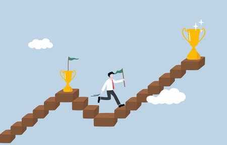 Continuous self development even after success, motivation to reach new goal, planning to next achievement concept. Businessman stepping up next stair to plant flag on new larger trophy.のイラスト素材