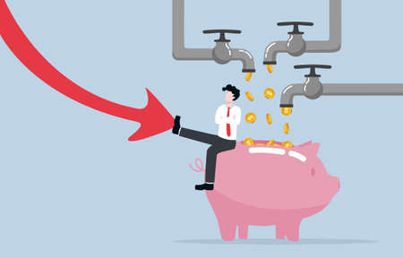 Having multiple sources of income for surviving economic crisis, multiple careers trend concept. Businessman sitting on piggy bank with many coins from pipes and using foot to push falling down arrow.のイラスト素材