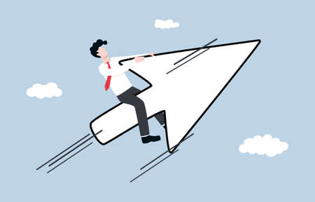 Digital marketing, Search Engine Optimization or online advertisement to reach more customers concept. Businessman riding mouse pointer to higher level metaphor of business growth with technology.のイラスト素材