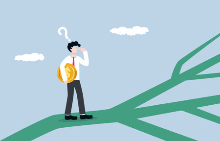 Growing money direction, multiple options for 
investment, finding right way to make profit concept. Confused businessman with dollar coin stopping at crossroads and thinking which way to go.のイラスト素材