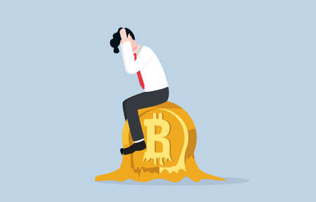 Bitcoin or cryptocurrency price falling down, wrong speculation cause investor lose money, fluctuation and uncertainty concept. Depressed businessman sitting on melting bitcoin.のイラスト素材