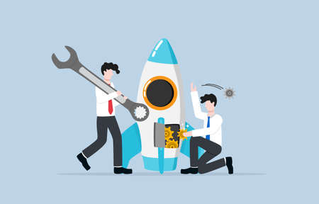 Fixing economic engine to recover lost income to system, adjustment to increase productivity, measures for business improvement concept. Businessmen putting new gear into rocket.のイラスト素材