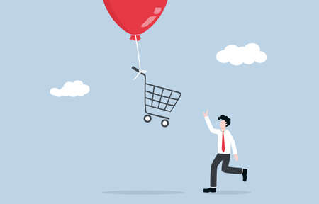 Inflation affects purchasing power, prices of products unusually rise up concept. Businessman trying to catch shopping cart that being flying into the sky by inflation balloon.のイラスト素材