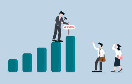 Company recruitment due to good business performance, adding job position concept. Entrepreneur putting up for recruitment sign on rising bar graph to increase number of staff.のイラスト素材