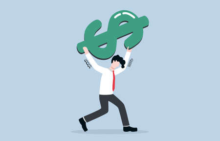 Financial burden, bearing high expenses or cost of living due to economic crisis or inflation concept. Exhausted businessman carrying heavy dollar sign on his shoulder.のイラスト素材