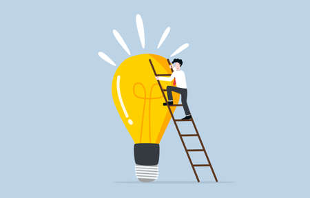 Idea development for career growth, accumulate knowledge, creativity, or skill to help life better concept. Businessman climbing up ladder to stand on big idea light bulb.のイラスト素材