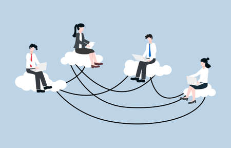 Remote working with cloud computing, save and share company files securely both inside or outside office concept. Employees working with laptop or tablet on interconnected clouds.のイラスト素材