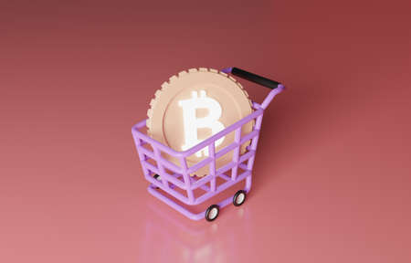 Bitcoin in shopping cart, bitcoin or cryptocurrency trading concept, 3D illustration.