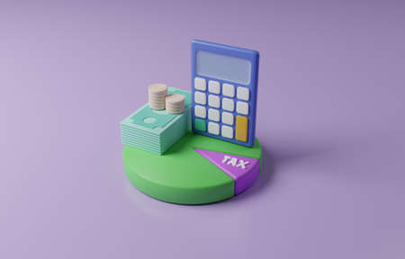 Calculator with banknotes, coins, and pie chart of revenue including tax, income tax calculation concept, 3D render illustration.の写真素材
