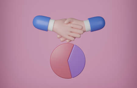 Handshake over pie chart, successful business agreement or partnership for project concept, 3D render illustration.の写真素材