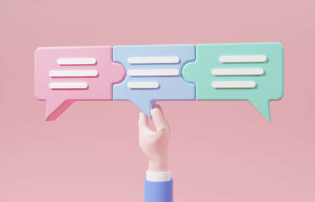 Hand completely connecting puzzle speech bubbles, compromise idea or opinion among team meeting,...