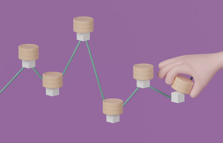 Hand putting same amout of coins in stock market graph every specified period, dollar cost averaging...