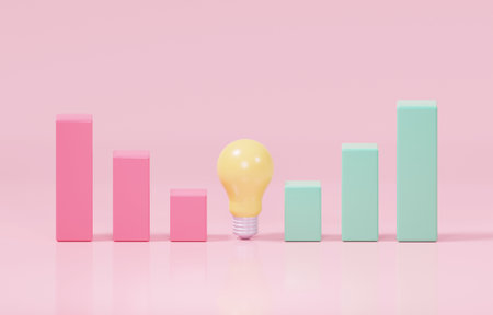 Red downward trend bar graph, light bulb, and green upward trend bar graph, business improvement with creative idea concept, 3d render illustration.の写真素材