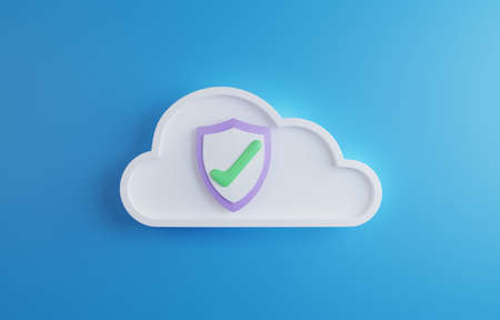 Cloud and shield with tick sign on blue background, cloud computing and security in keeping important information of organisation concept, 3d render illustration.の写真素材