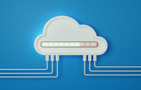White cloud with uploading progress bar and cable lines, cloud data storage technology concept, 3d render illustration.の写真素材