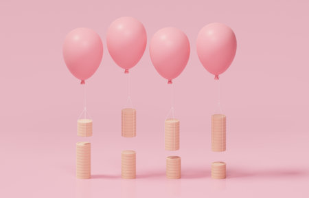 Balloons taking coins from downtrend coin stacks chart, inflation causing decline in puschasing power of money over time concept, 3d render illustration.の写真素材