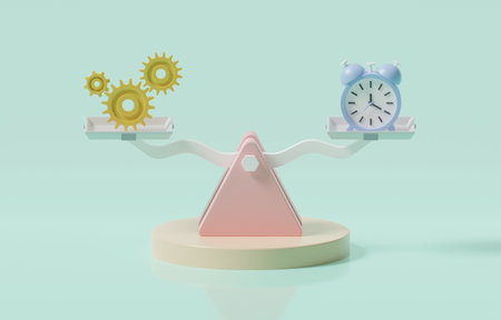 Gear cogwheels and clock on balanced weighting scales, workflow and time management for best work...
