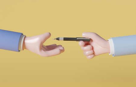 Hand giving fountain pen to another hand, giving opportunity to high competent employee to lead team project, empowerment in business concept, 3d render illustration.の写真素材