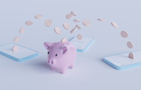 Coins transfer from phones to piggy bank, online income or receiving money from mobile banking concept, 3d render illustration.の写真素材