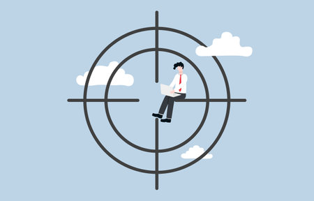 Scope of work, clear goal to succeed project, work according to plan and guideline concept, businessman working inside scope symbol.のイラスト素材