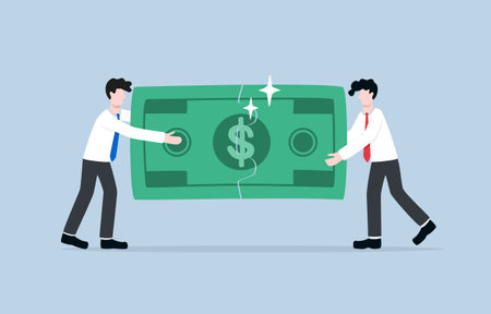 Business joint venture, collaboration between two or more businesses to pursue a specific project, fundraising concept, Two businessmans connect jigsaw puzzles of banknot.のイラスト素材