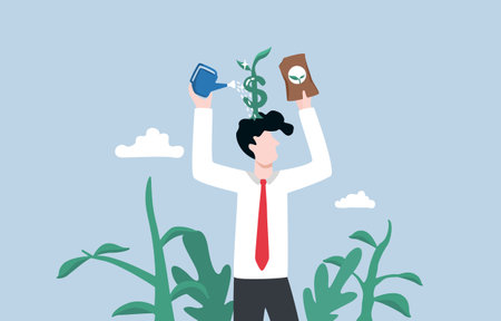 Building growth mindset for personal financial management, developing positive attitude toward money concept, Businessman planting dollar tree on his head.のイラスト素材