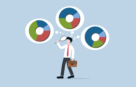 Finding suitable investment portfolio type or asset allocation, considering diversification, investment strategy concept, Businessman holding magnifier to analyze pie chart.のイラスト素材