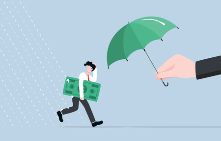 Policy response to help citizen during recession, money stimulus, business help concept, Businessman with banknote running away from rain to umbrella which is spread by giant hand.のイラスト素材