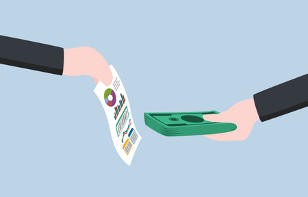Data analytics service for business growth, hiring data scientist to get insight for marketing concept, Employer hand holding money to buy paper of data visualization from vendor.のイラスト素材
