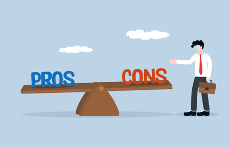 Pros and cons comparison, considering advantages and disadvantages for right decision, thinking about best option concept, Businessman weighing up pros and cons on seesaw.のイラスト素材