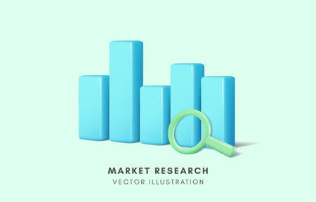 3D bar graph and magnifying glass, market research, business data analysis concept, Vector illustration.のイラスト素材