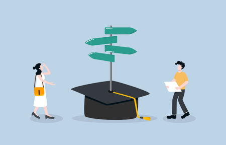 Education path, finding passion to study, decision to take academic course concept, Teens finding direction to go at signpost locating on graduation cap.のイラスト素材
