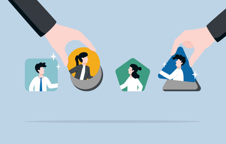 Matching employees with correct roles, team management for success or best productivity, put the right man on the right job concept, Hands putting employees to fit into slots.のイラスト素材