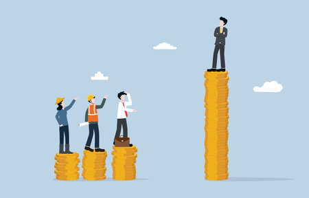 Economic inequality, very high income difference between rich and poor concept, Middle class and working class people on low coins stack looking at elite on high coins stack.のイラスト素材