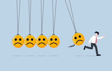 Escaping toxic environment, emotional control to be far away from negative mood, exit strategy from sadness concept, Businessman running away from pendulum effect of unhappy face.のイラスト素材