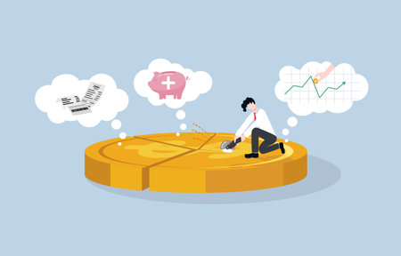 Asset management, financial planning for survival, budgeting for investment, emergency savings, expenses concept. Businessman cutting dollar coin for parts following money plan.のイラスト素材